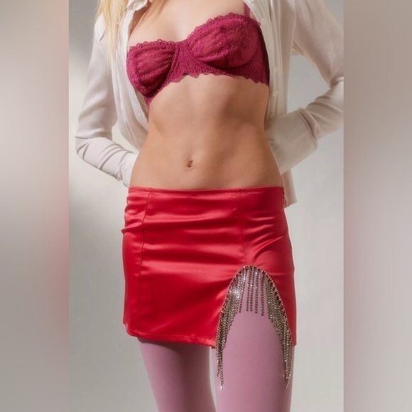 Urban Outfitters Pink Satin Diamante Mini Skirt size M NWT - Picture 2 of 9